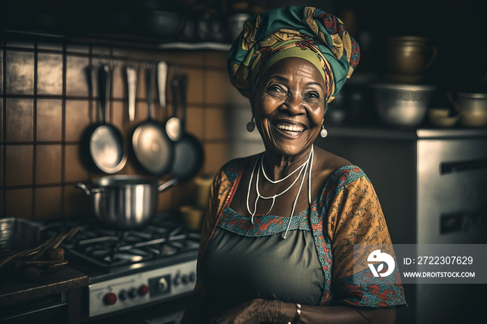 a smiling elderly woman in the kitchen