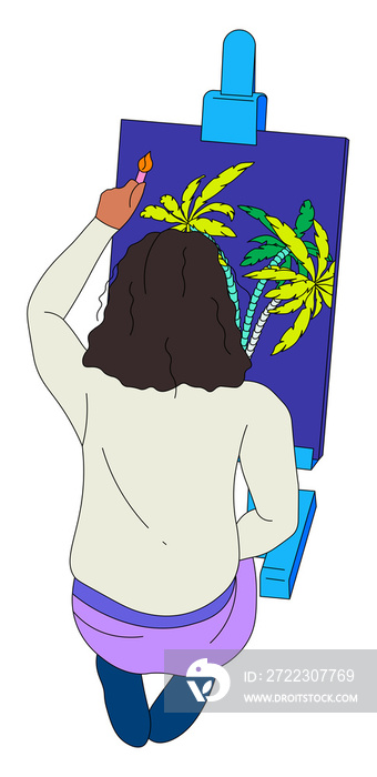 Girl with short brown hair painting palm trees on a canvas