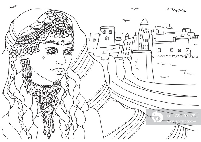 Moroccan woman portrait adult coloring book page