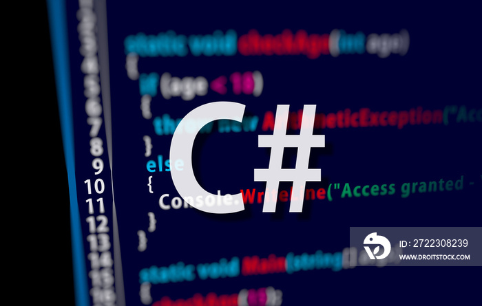 c# code on dark background in code editor and word c#. c sharp programing language