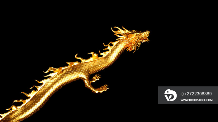 黑色背景下孤立的金色中华发光龙的3D渲染图