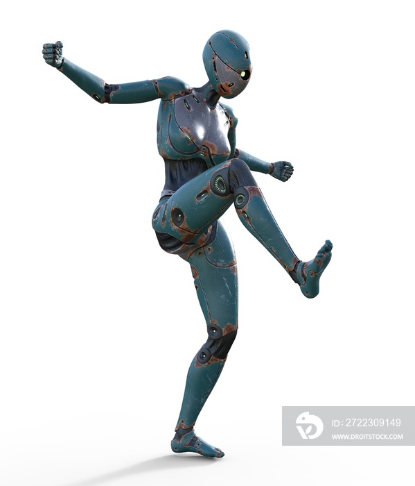 Woman robot. Futuristic robotic woman, kick, blow, 3D rendering