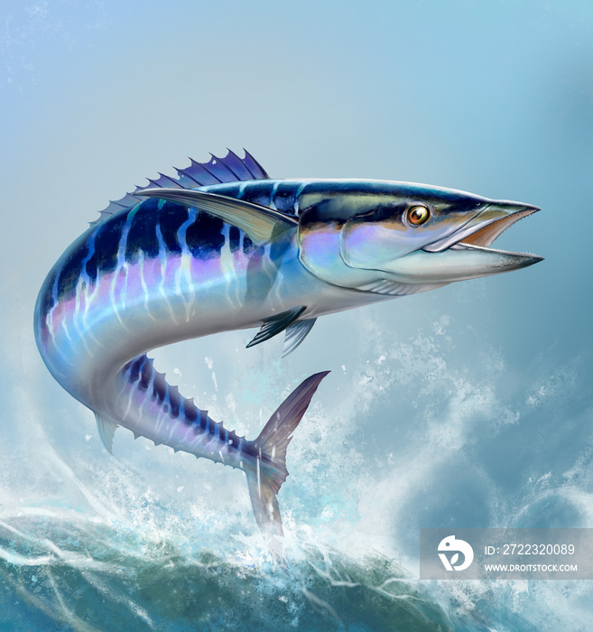 西班牙Mackerel wahoo深蓝色鱼-大型鱼类逼真插图。