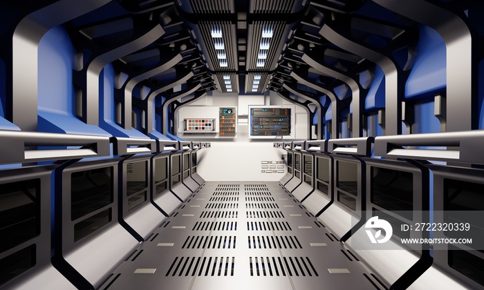太空船走廊和秘密地下室走廊内部，蓝色和银灰色背景。