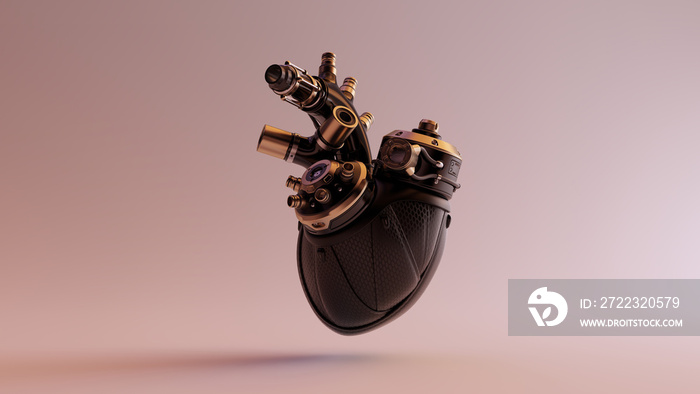 黑色人造赛博格心脏配金色配件和橡胶管3d插图3d渲染图