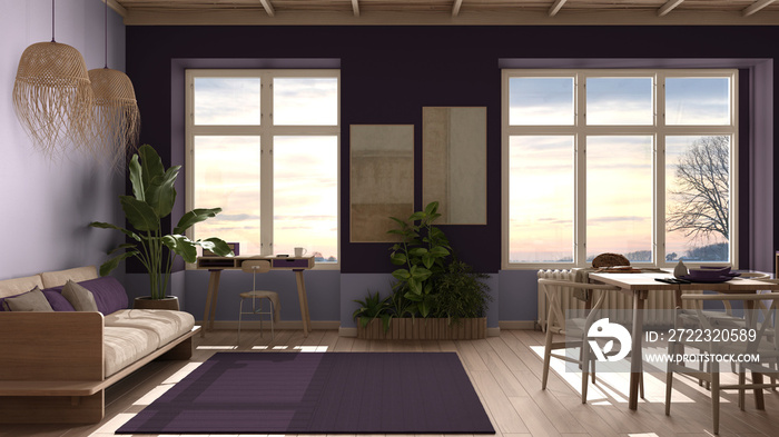 Country living room, eco interior design in violet tones, sustainable parquet, dining table with cha