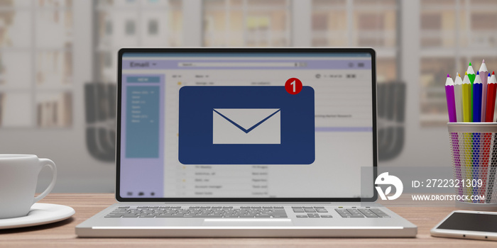 笔记本电脑屏幕上的电子邮件收件箱通知，商业背景。3d插图