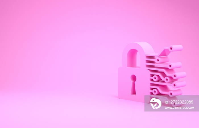 粉红色网络安全图标隔离在粉红色背景上。数字电路板上的挂锁关闭。安全