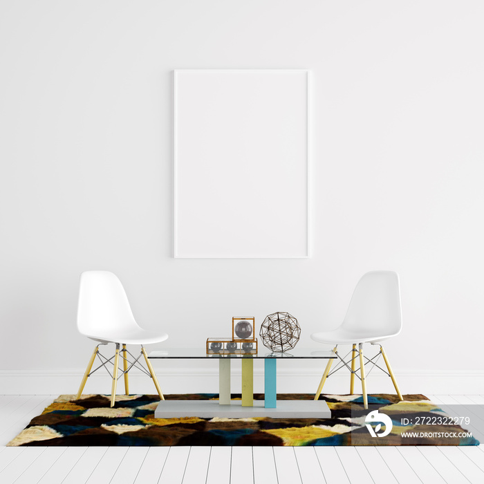 Mock Up Poster Frame in White Living Room with Chairs and Decoration