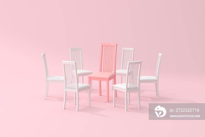 Minimal scene of pink chair around with white chairs, Leadership concept, 3d rendering.