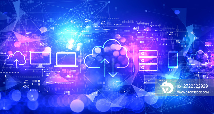 Cloud computing with technology blurred abstract light background