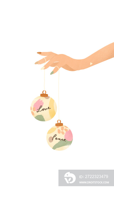 hand holding Christmas love and peace ornaments with sparkling stars on transparent background