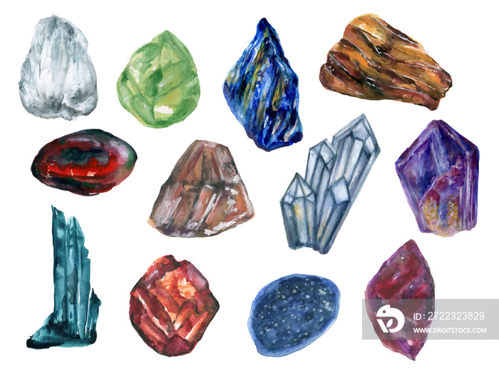 Watercolor gouache isolate colorful Crytal cluster Gemstone Stone elements on white background