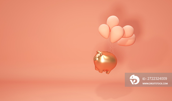 Gold Piggy bank flying with bubbles on pastel pink and coral background. Earning, saving and investi