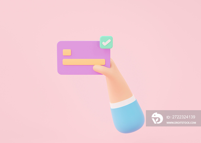 在粉红色背景下，手持和使用信用卡进行支付网上购物的三维渲染