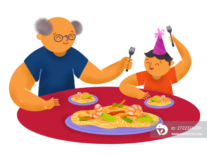 Filipino grandfather and grandson eating pansit bihon noodles together during a birthday