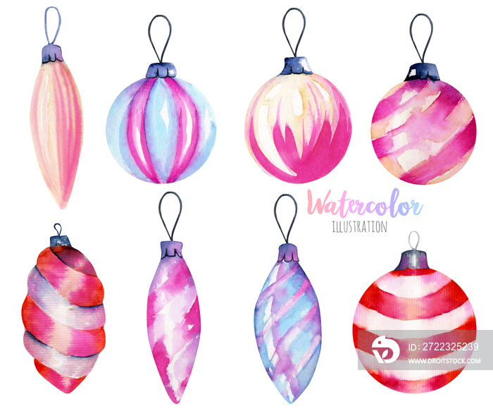 Collection of watercolor Christmas decorations, hand drawn isolated on a white background