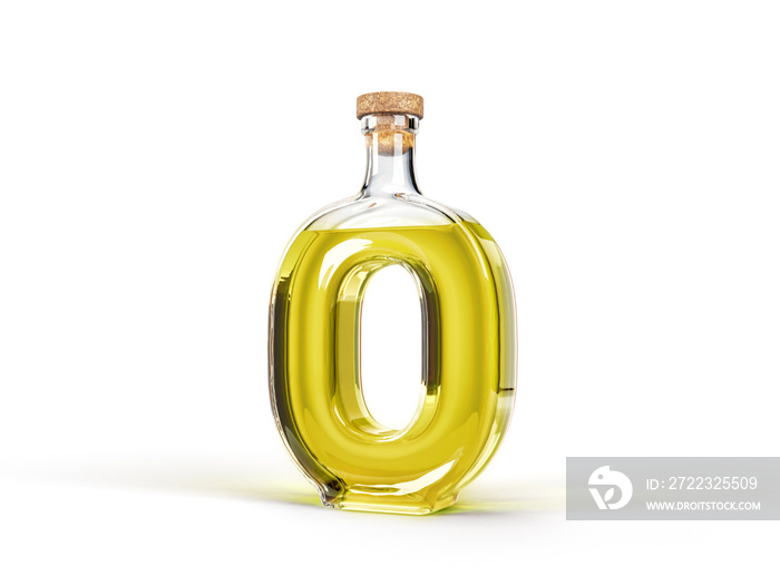 Number 0 shaped bottle with olive oil inside. 3d illustration, suitable for cooking, alphabet and he