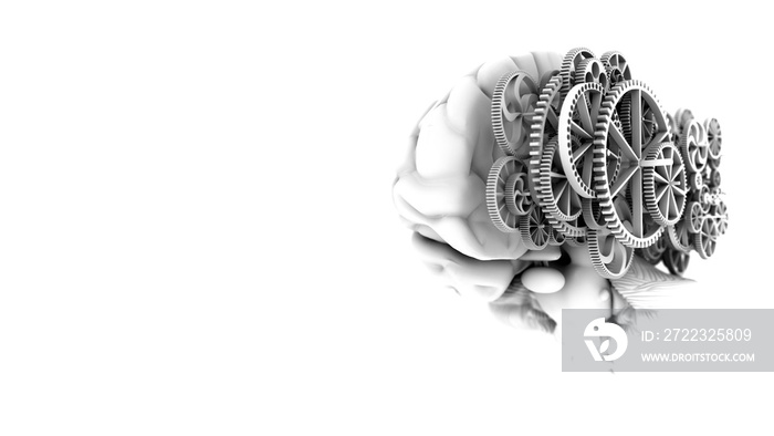 3D Model brain look real shape mix gold gears on black and white color style with 3d rendering.