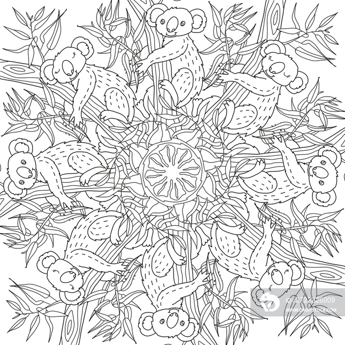 Mandala coloring book for children and adults koala sitting on a tree