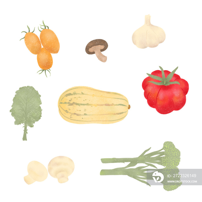 a healthy variety of vegetables tomato mushroom garlic kale pumpkin broccolini on transparent backgr