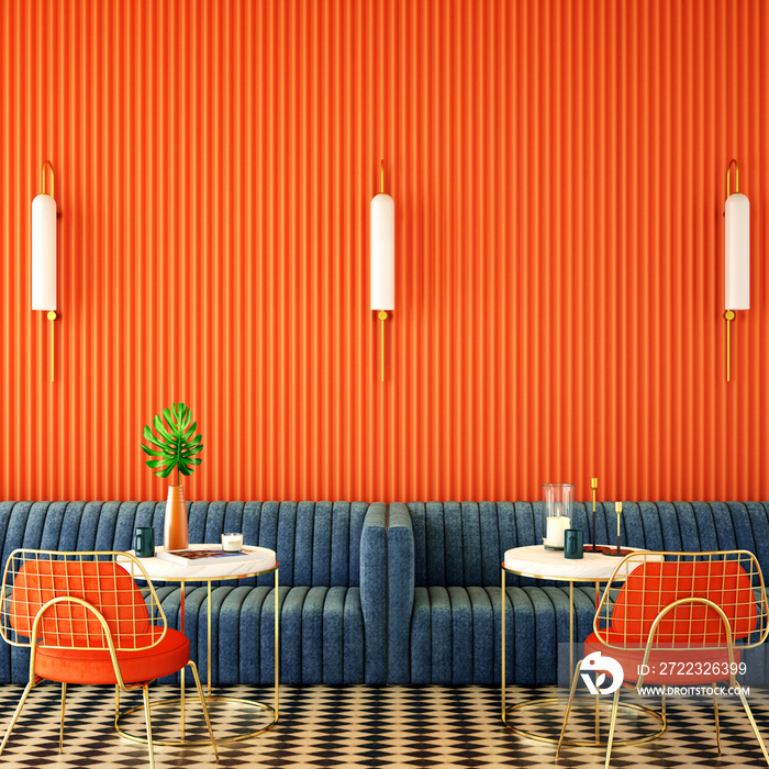 关于互补色彩概念的咖啡馆室内设计，三维渲染，三维插图