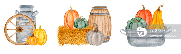 Watercolor autumn harvest Farmhouse autumn decor. Village decor. Rustic composition