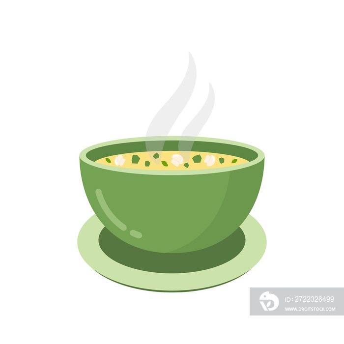 A bowl of hot soup with mushrooms and herbs. Vector illustration isolated on white background.