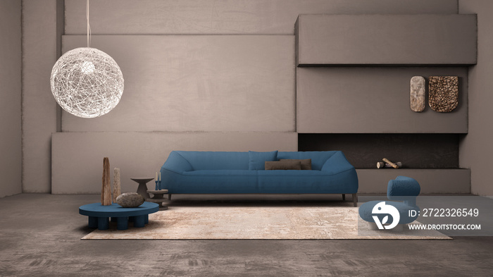 优雅的灰色客厅，石膏墙和地板，壁炉。蓝色沙发，枕头，地毯，