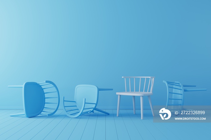 Minimal concept. outstanding white chair with falling blue chair on blue floor and background.