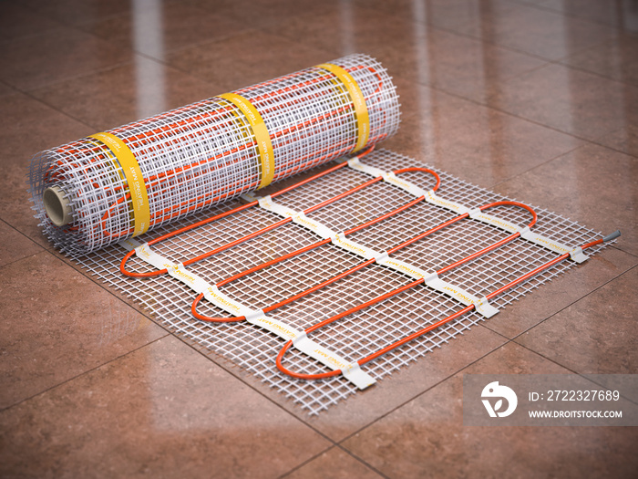 厨房瓷砖上的垫电地暖系统加热温暖的地板。地暖。