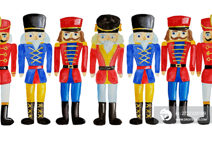 Seamless pattern with watercolor hand drawn wooden toy soldier - nutcracker