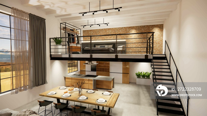 三维效果图。带厨房的室内现代开放式生活空间。阁楼风格的复式公寓resid