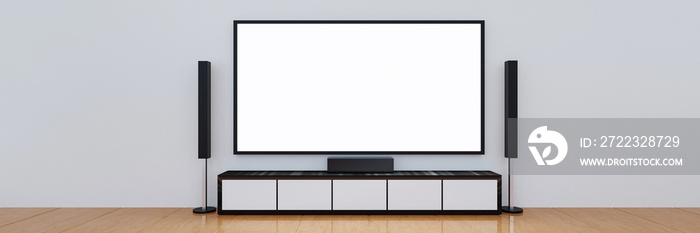 Home Theater on white plaster wall. Big wall screen TV and  Audio equipment use for Mini Home Theate