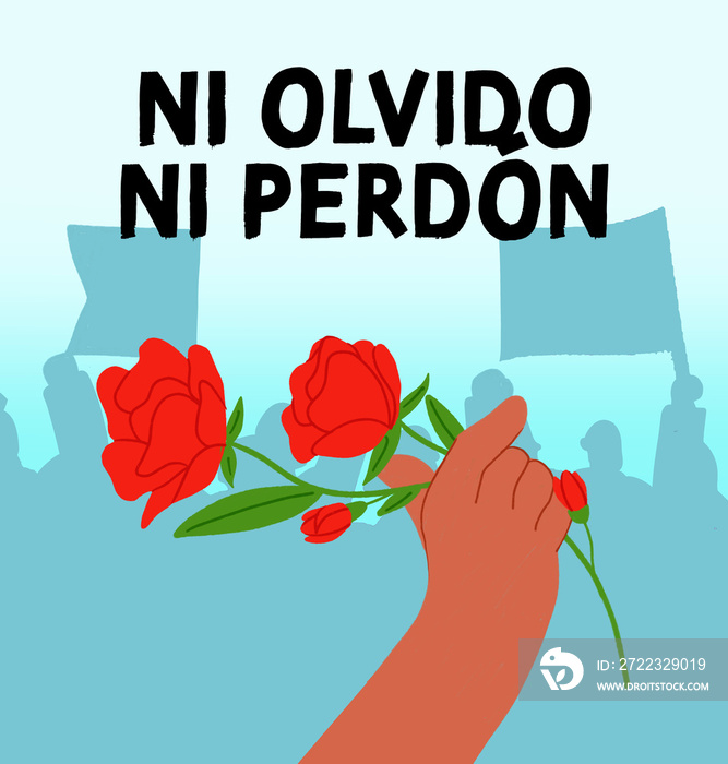 Mano con rosa roja en macha por Detenidos Desaparecidos en Chile