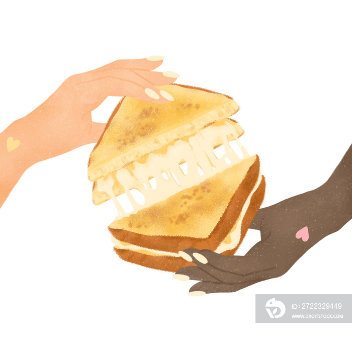 multi ethnic hands sharing a delicious grilled cheese sandwich on transparent background