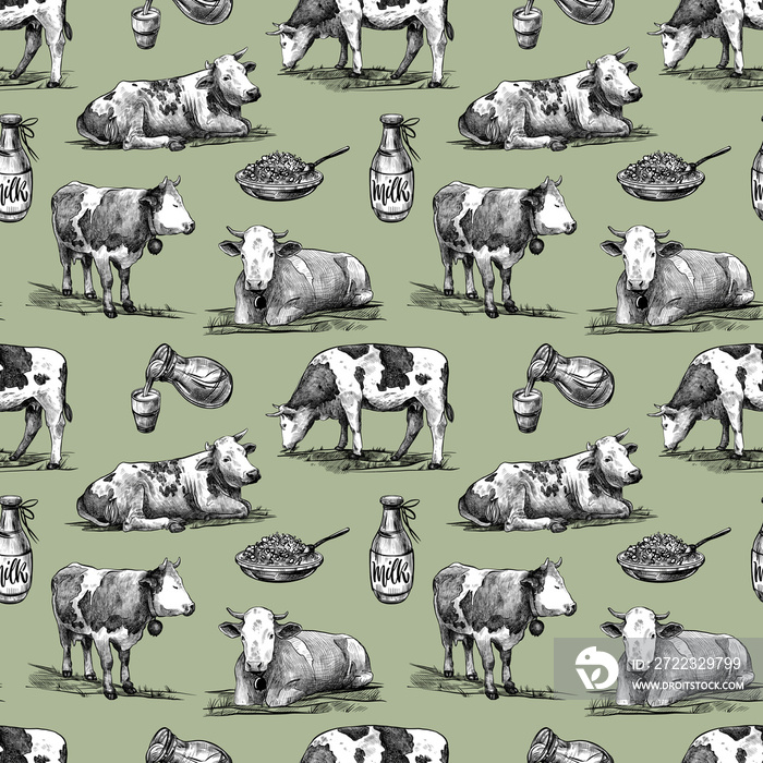 Farm cows, homemade cottage cheese, milk seamless pattern hand drawn in a graphic style. Vintage dig