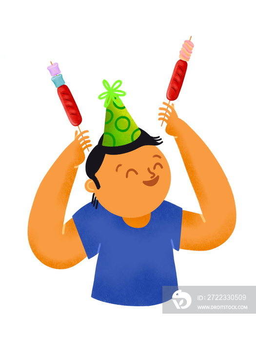 Filipino boy with party hat holding hotdog marshmallow sticks
