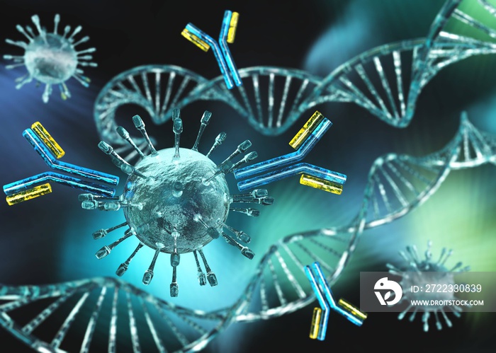 antibodies attack the virus, virus close-up with antibodies against the background of DNA,, immunogl