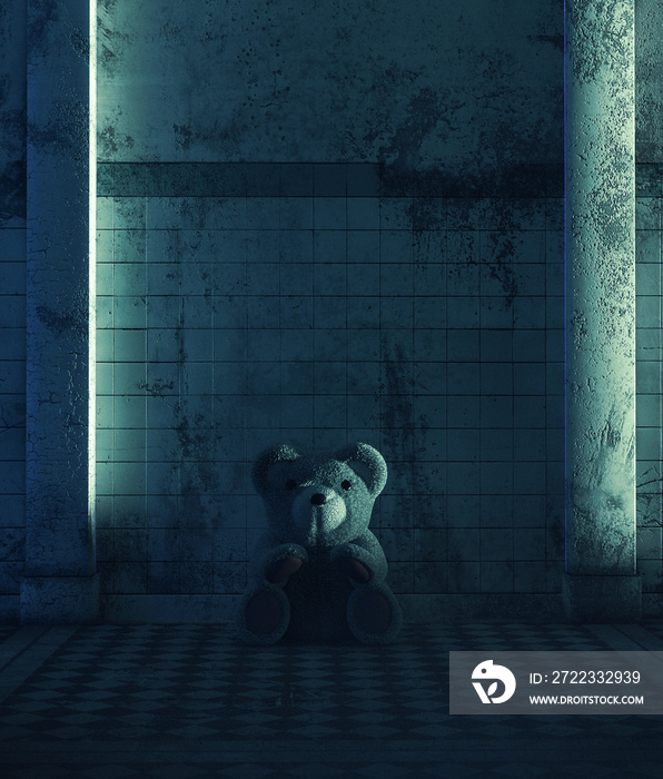 Teddy bear sitting in haunted house,Scary background for book cover