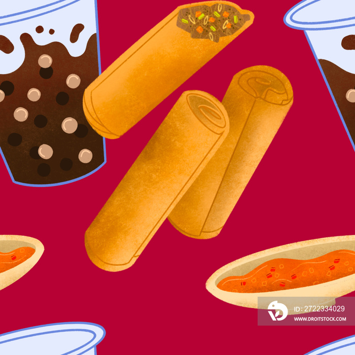 Filipino lumpia spring rolls with sweet and sour sauce and sago gulaman on red background illustrate