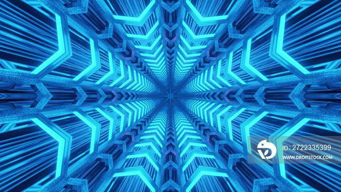 3D rendering of futuristic blue fractal star shaped particles