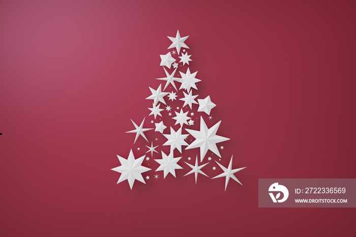 3d Render. christmas tree concept, formed by white stars, on red background, top view