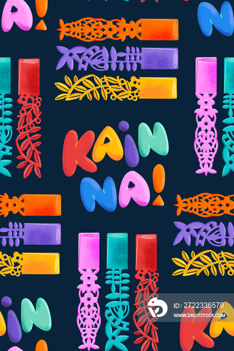 Filipino pastillas candy with handcut paper wrapper with  Kain Na!  (Lets Eat) lettering on dark bl