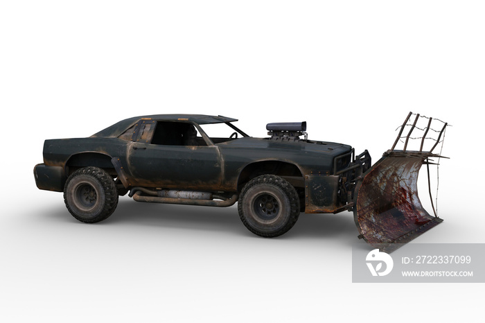 3D rendering of a post apocalyptic vehicle with blood stained plow isolated on a white background.