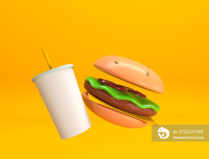 ilustración 3d de hamburguesa y soda