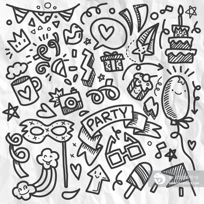 Illustration, Cute hand drawn doodles ,Set of Party illustration Hand drawn doodle Sketch line