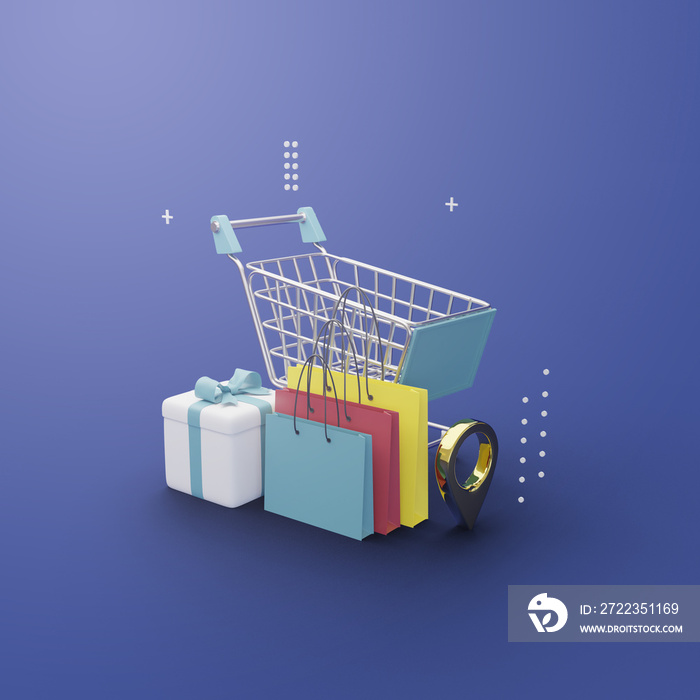 Online shopping 3d render with shopping cart, gift box and shopping bag.