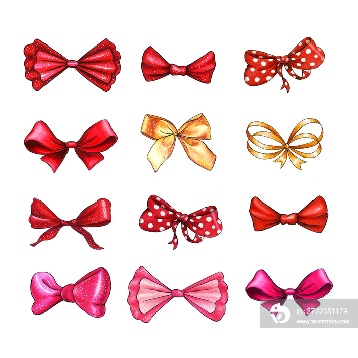 Bow hand drawn raster illustrations set. Realistic red, golden, pink and purple ribbon knots drawing