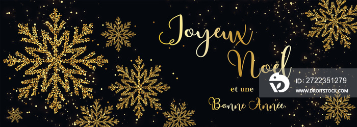 carte ou bandeau sur  joyeux Noël et bonne année   en or avec des flocons et des paillettes couleur 